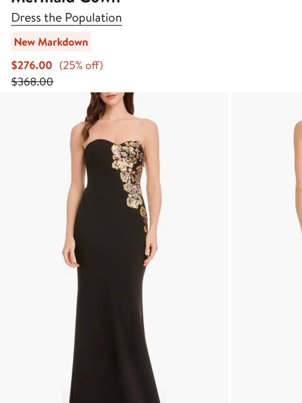 Dress the Population Black Strapless Gown with Gold Floral Appliqué